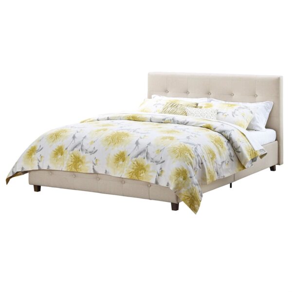 Queen Tan Linen Upholstered Platform Bed Frame with Button Tufted Headboard - Image 2