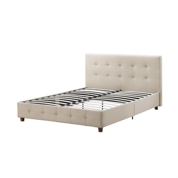 Queen Tan Linen Upholstered Platform Bed Frame with Button Tufted Headboard - Image 3