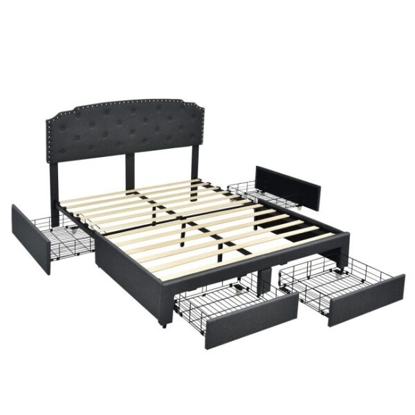 Queen Size Grey Linen Adjustable Headboard 4 Drawer Storage Platform Bed - Image 2