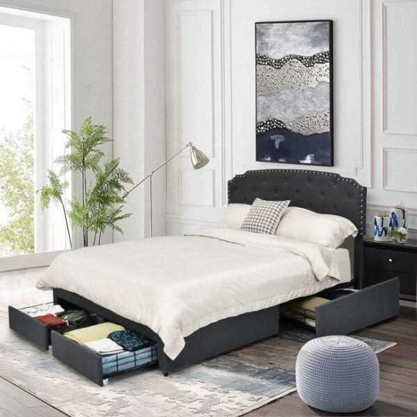 Queen Size Grey Linen Adjustable Headboard 4 Drawer Storage Platform Bed - Image 3
