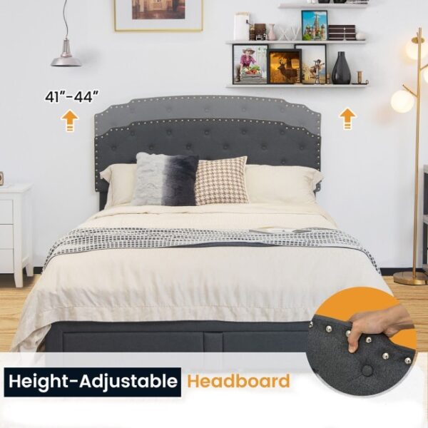 Queen Size Grey Linen Adjustable Headboard 4 Drawer Storage Platform Bed - Image 4