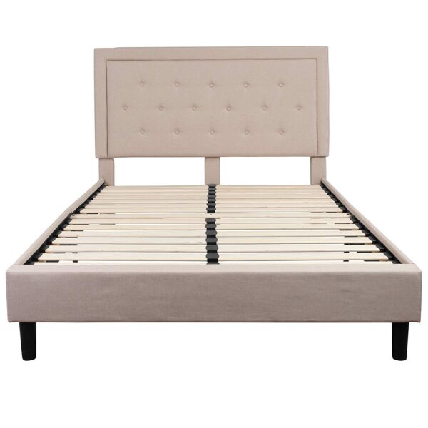 Queen Beige Upholstered Platform Bed Frame with Button Tufted Headboard - Image 2