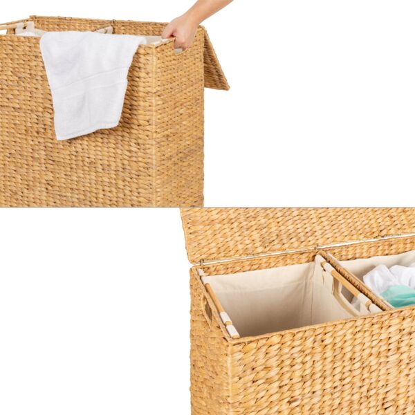 Natural 2-Bin Handwoven Hyacinth Linen Liner Laundry Hamper w/ Handles - Image 2