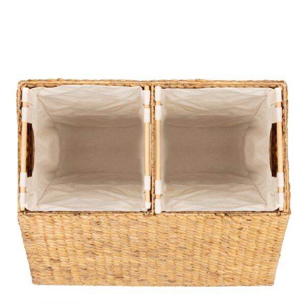 Natural 2-Bin Handwoven Hyacinth Linen Liner Laundry Hamper w/ Handles - Image 3
