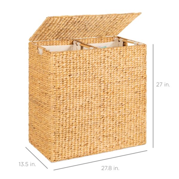 Natural 2-Bin Handwoven Hyacinth Linen Liner Laundry Hamper w/ Handles - Image 4