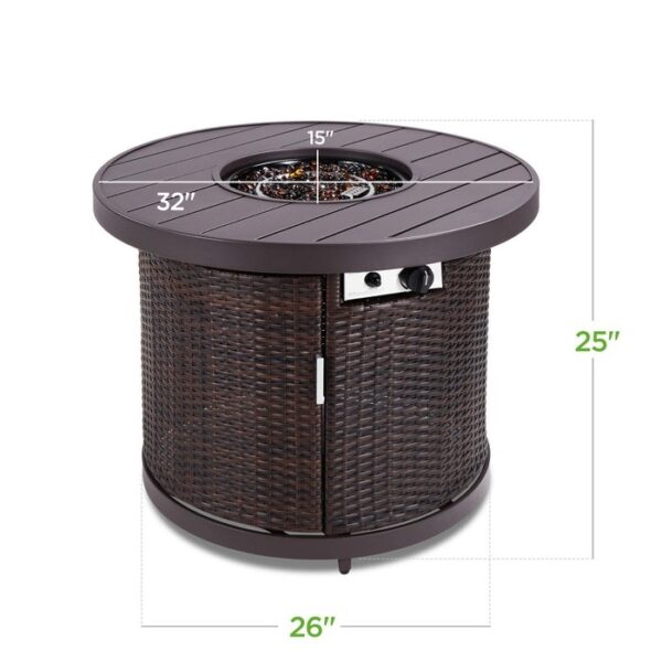50,000 BTU Brown Wicker Round LP Gas Propane Fire Pit w/ Faux Wood Tabletop and Cover - Image 5