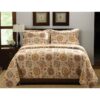 King Retro Moon Shaped Floral Medallion Reversible 3 Piece Quilt Set - Image 2