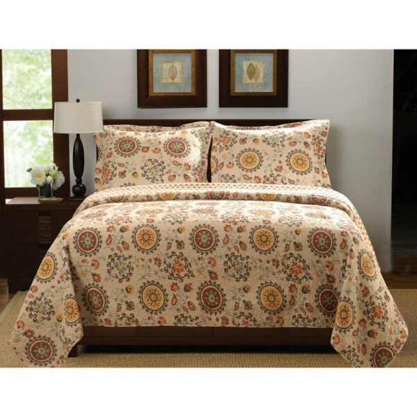 King Retro Moon Shaped Floral Medallion Reversible 3 Piece Quilt Set - Image 2
