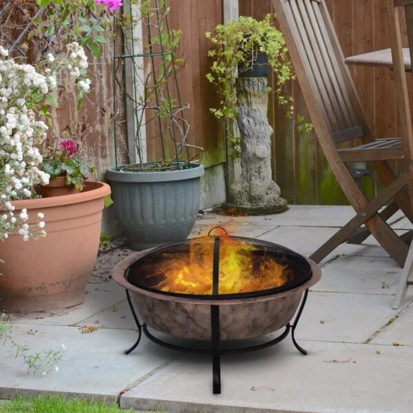 Rustic Outdoor Wood Burning Fire Pit Cauldron Style Steel Bowl w/ Log Poker and Mesh Screen Lid - Image 2
