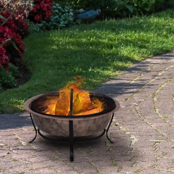 Rustic Outdoor Wood Burning Fire Pit Cauldron Style Steel Bowl w/ Log Poker and Mesh Screen Lid - Image 3
