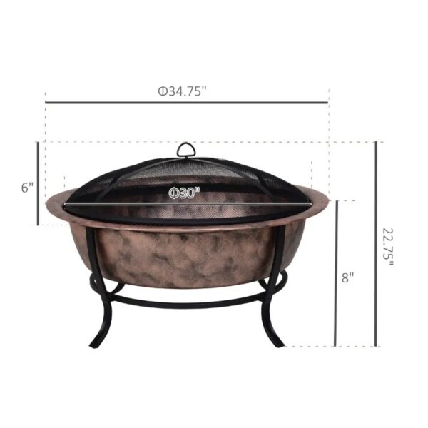 Rustic Outdoor Wood Burning Fire Pit Cauldron Style Steel Bowl w/ Log Poker and Mesh Screen Lid - Image 4
