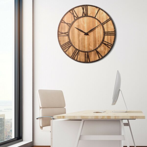 Round 30-inch Roman Numeral Silent Wood Metal Farmhouse Wall Clock - Image 3