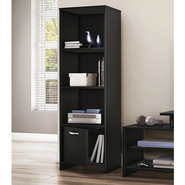 Modern Bookcase with 3 Shelves & Bottom Door in Black - Image 2