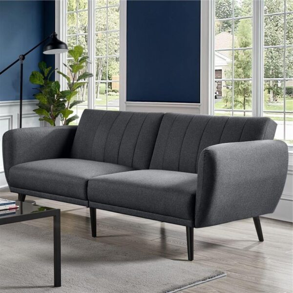 Modern Scandinavian Dark Grey Linen Upholstered Sofa Bed with Wooden Legs - Image 2