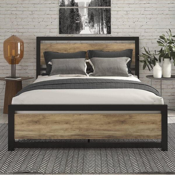 Full Metal Platform Bed Frame with Brown Wood Panel Headboard and Footboard - Image 2