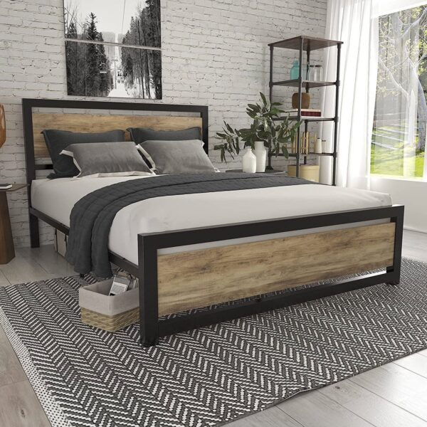 Full Metal Platform Bed Frame with Brown Wood Panel Headboard and Footboard - Image 3