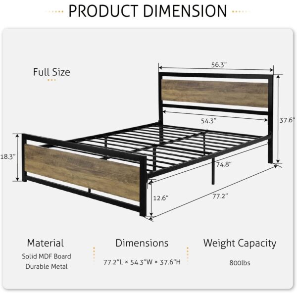 Full Metal Platform Bed Frame with Brown Wood Panel Headboard and Footboard - Image 4