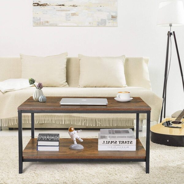 Heavy Duty Industrial 2-Tier Coffee Table in Rustic Brown Wood Finish - Image 3