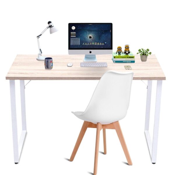 Modern White Metal Frame Laptop Computer Desk with Natural Wood Top - Image 2