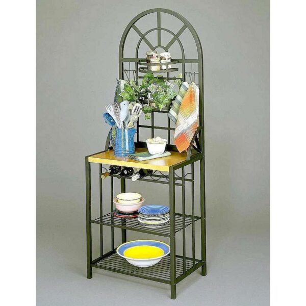 Black Steel Bakers Rack with Utility Hooks and Storage Shelving - Image 2