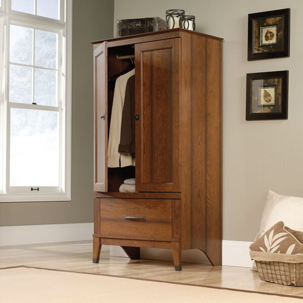 Bedroom Wardrobe Cabinet Storage Armoire in Medium Brown Cherry Wood Finish - Image 3