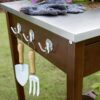 Outdoor Solid Wood Potting Bench Work Table with Galvanized Metal Top - Image 2