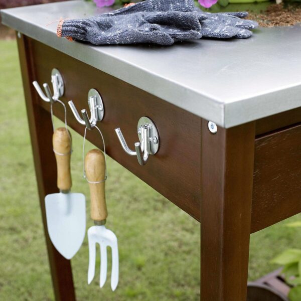 Outdoor Solid Wood Potting Bench Work Table with Galvanized Metal Top - Image 2