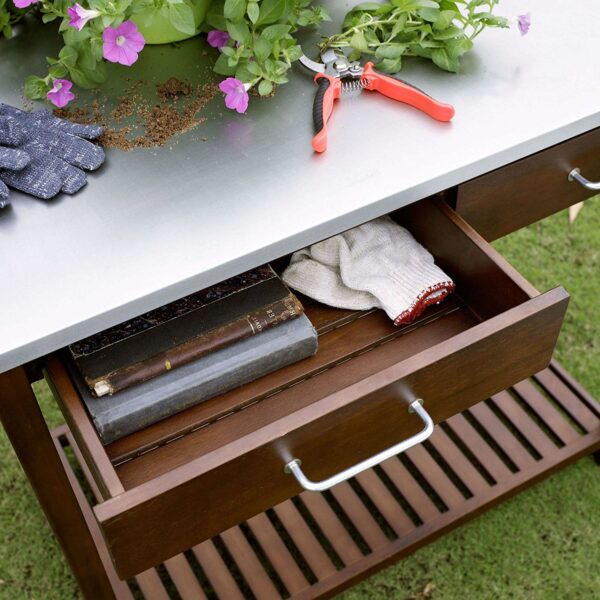 Outdoor Solid Wood Potting Bench Work Table with Galvanized Metal Top - Image 3