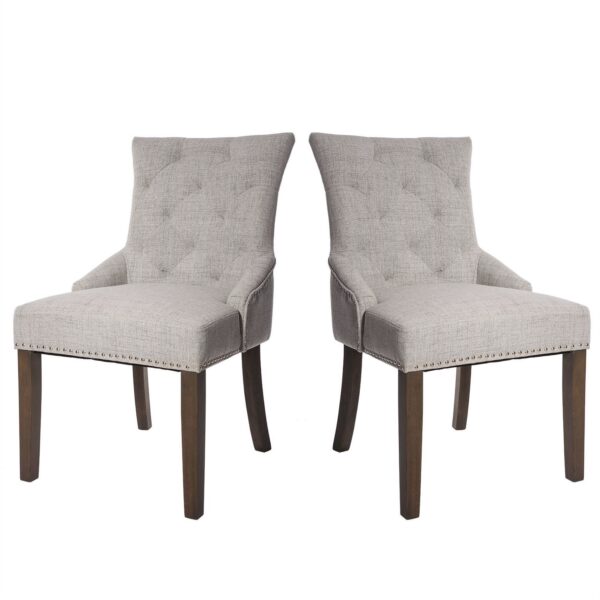 Set of 2 - Traditional Grey Linen Fabric Upholstered Dinging Chair with Nailhead Trim - Image 2