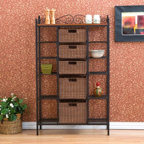Classic Black Iron Bakers Rack with 5 Rattan Baskets - Image 2