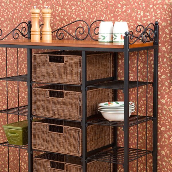 Classic Black Iron Bakers Rack with 5 Rattan Baskets - Image 3