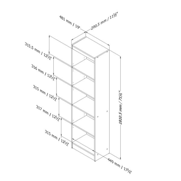 5-Shelf Narrow Bookcase Storage Shelves in White Wood Finish - Image 3