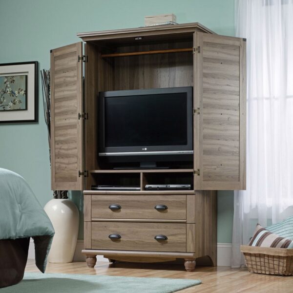 Wardrobe Cabinet Bedroom Storage or TV Armoire in Medium Brown Oak Finish - Image 2