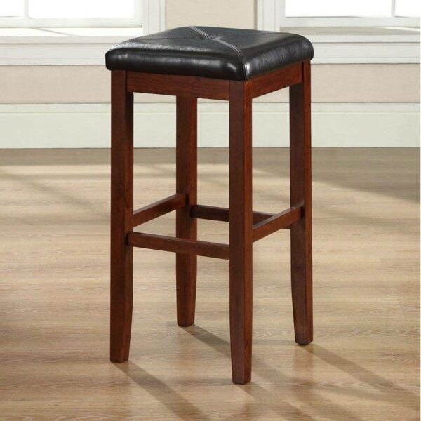Set of 2 Vintage Mahogany Stools with Black Upholstered Seat - Image 3