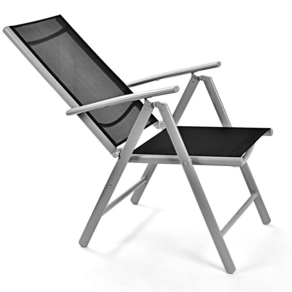 Set of 2 Folding Outdoor Patio Chairs with Black Mesh Seat and Grey Metal Frame - Image 2