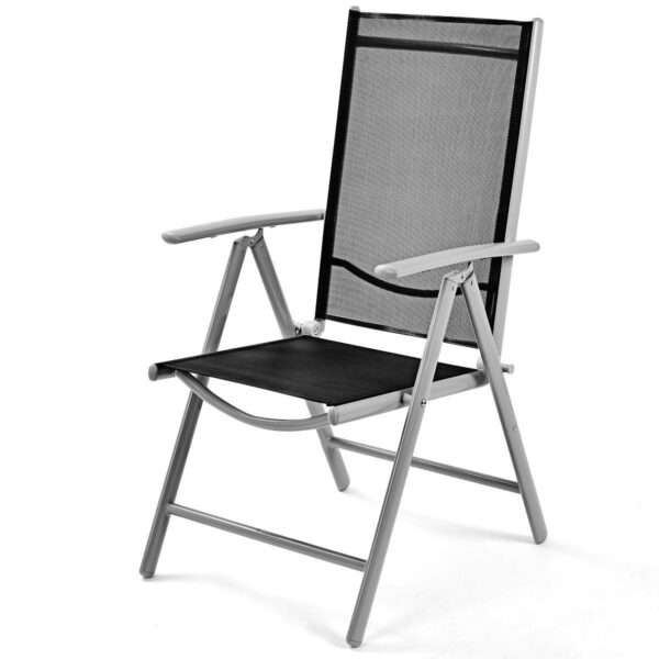 Set of 2 Folding Outdoor Patio Chairs with Black Mesh Seat and Grey Metal Frame - Image 3