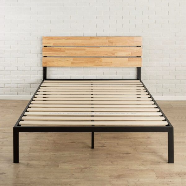 King size Modern Metal Platform Bed Frame with Wood Headboard and Slats - Image 2