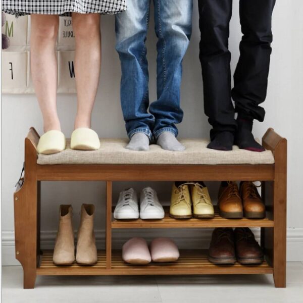 Solid Wood Entryway Shoe Rack Storage Bench with Cushioned Seat 2 Shelves and Drawer - Image 2