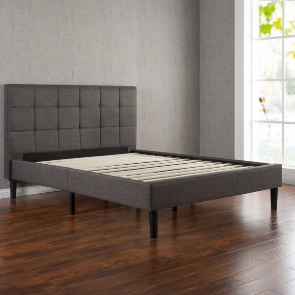 Full size Modern Platform Bed with Dark Grey Square Stitched Upholstered Headboard - Image 2