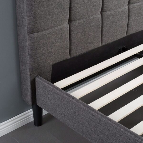 Full size Modern Platform Bed with Dark Grey Square Stitched Upholstered Headboard - Image 3