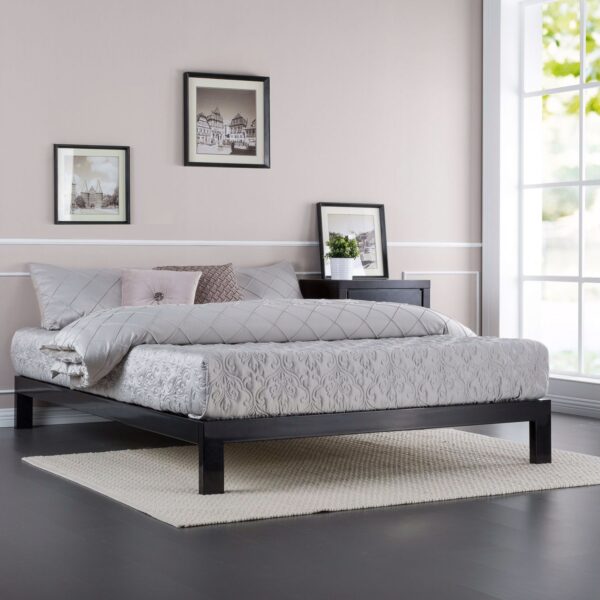 King size Modern Black Metal Platform Bed Frame with Wood Slats - Image 3