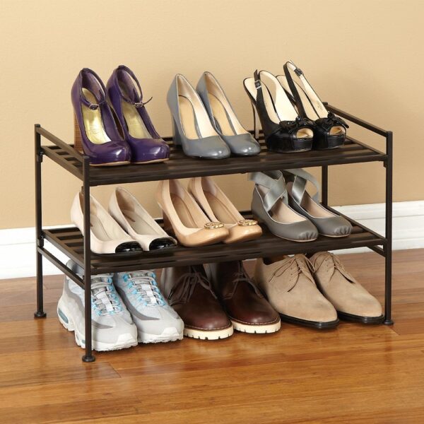 2-Tier Slatted Resin Stackable Folding Shoe Rack in Mocha Finish - Image 3