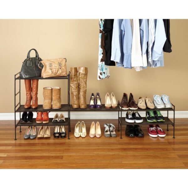2-Tier Slatted Resin Stackable Folding Shoe Rack in Mocha Finish - Image 4