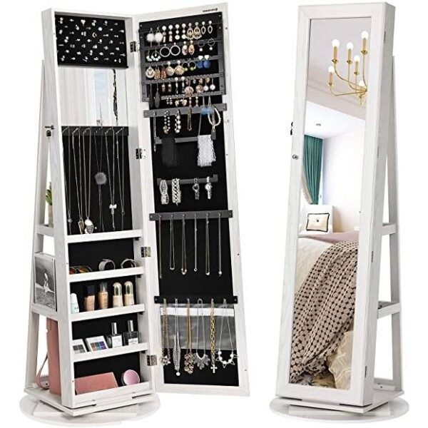 360 Degree Swivel White Wash Full Length Mirror Locking Jewelry Armoire - Image 2