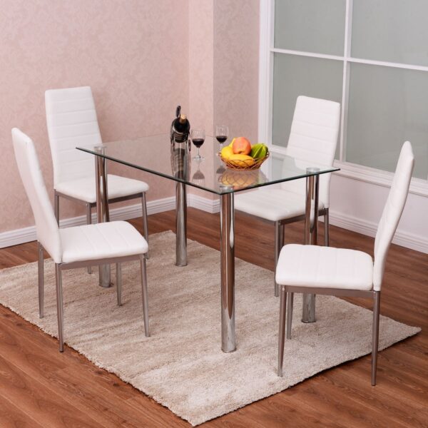 5 Piece Silver White Tempered Glass Top Dining Table Set with Chairs - Image 3