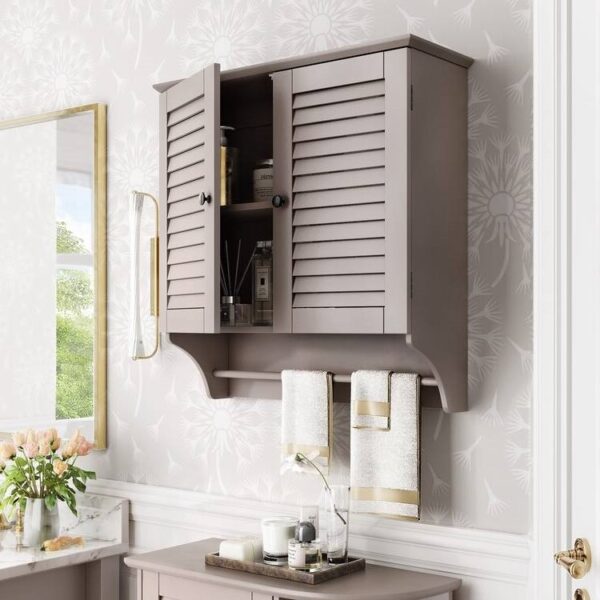 Wall Mounted Bathroom Cabinet with Shelves and Towel Bar in Taupe - Image 2