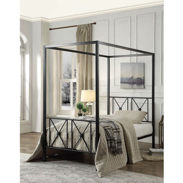Twin size Black Metal Canopy Bed Frame with Medallion Accents - Image 2