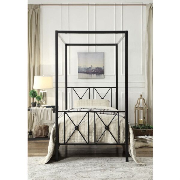 Twin size Black Metal Canopy Bed Frame with Medallion Accents - Image 3