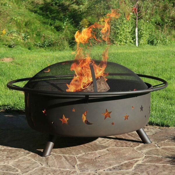 Heavy Duty Black Steel Fire Pit with Cooking Grill and Screen - Image 2