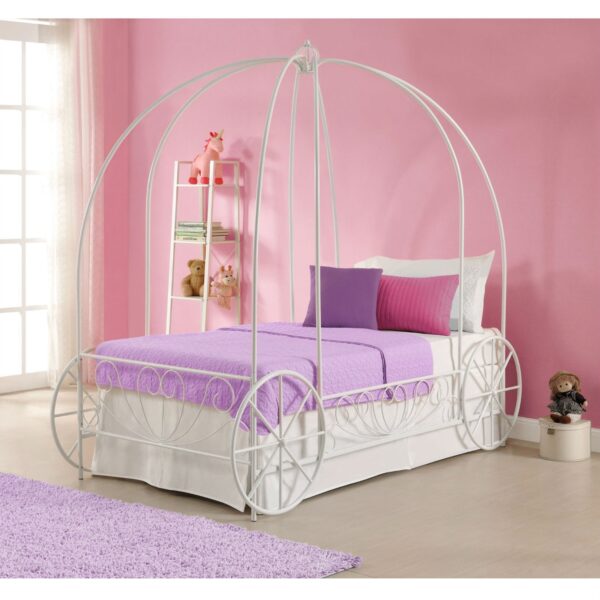 Twin size Princess Canopy Bed with Decorative Wheels in White Metal Finish - Image 2